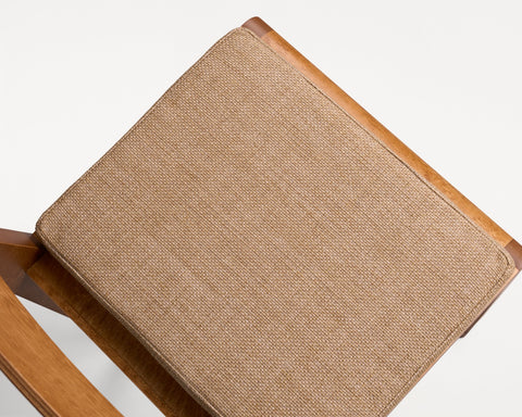 Frama Bar Chair 01 Cushion in Camel, camel woven cushion tied onto the wooden seat of a Frama bar chair, seen from above