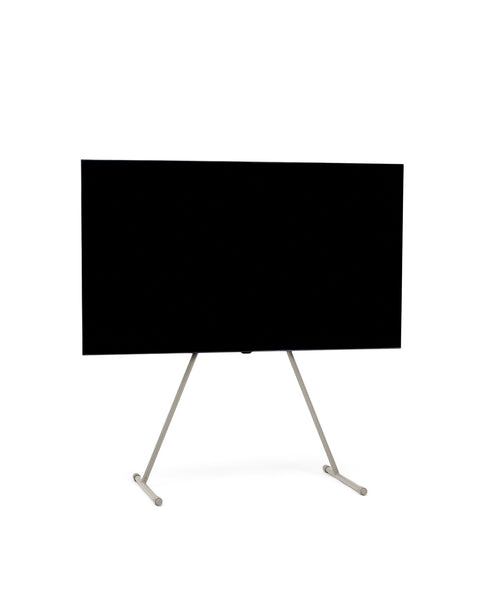 Pedestal Viva TV Stand in Oat, TV floor stand holding a flat screen TV, on a plain white background