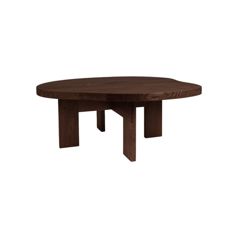 Frama Farmhouse Coffee Table in Dark Oak, rounded top in dark stained oak on four wide plank legs, packshot on white