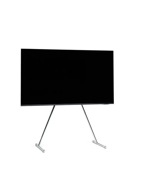 Pedestal Viva TV Stand in Chrome, TV floor stand holding a flat screen TV, on a plain white background
