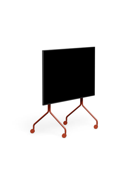 Pedestal Moon TV Stand in Burnin' Red, rolling TV stand on wheels holding a flat screen TV, on a plain white background