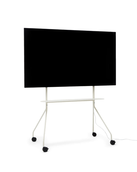 Pedestal Moon PRO TV Stand in Pearl, mobile rolling TV stand with shelf holding a flat screen TV, on a plain white background