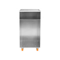 Frama Rivet Cart in Aluminum, whole cart small in frame, a tall metal box on orange castors against a white background