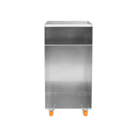 Frama Rivet Cart in Aluminum, whole cart small in frame, a tall metal box on orange castors against a white background