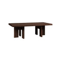 Frama Farmhouse Coffee Table in Dark Oak, rectangular dark oak top on four plank legs, low table viewed from the side on white