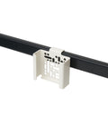 Pedestal Apple TV 4K Mount in Pearl, perforated steel Apple TV bracket on a black stand tube, on a plain white background
