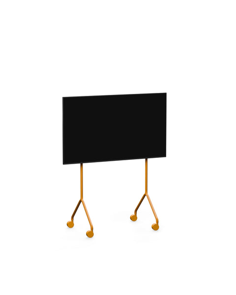 Pedestal Moon Light TV Stand in Apricot, compact TV floor stand holding a flat screen TV, on a plain white background