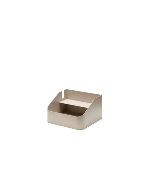 Pedestal Power Bar Tray in Oat, steel cable tray holding a power bar, on a plain white background