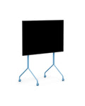 Pedestal Moon Tall TV Stand in Powder Blue, tall rolling TV stand on wheels holding a flat screen TV, on a plain white background