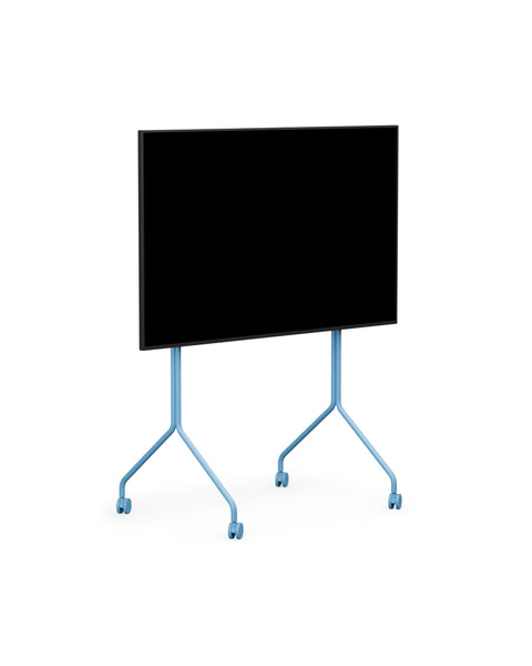 Pedestal Moon Tall TV Stand in Powder Blue, tall rolling TV stand on wheels holding a flat screen TV, on a plain white background