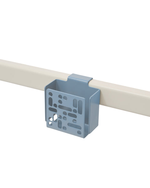 Pedestal Remote Box Mount in Powder Blue, perforated aluminium remote box on a stand tube, on a plain white background