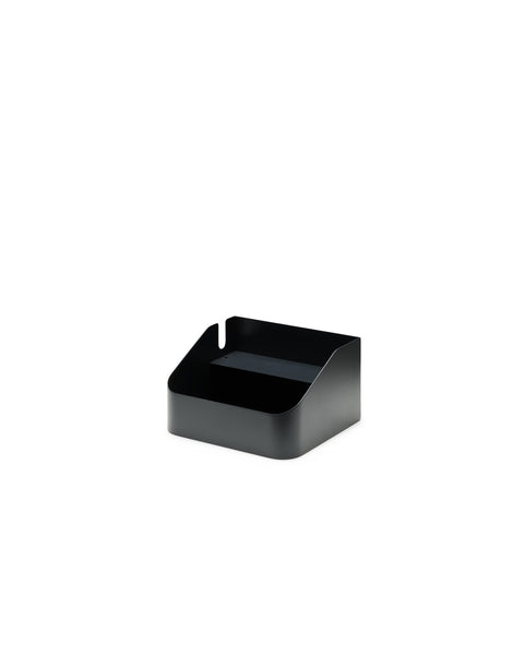 Pedestal Power Bar Tray in Charcoal, steel cable tray holding a power bar, on a plain white background