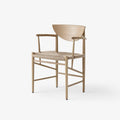 Side view of Drawn HM4 Dining Armchair in oiled oak by &Tradition, designed by Hvidt & Mølgaard – Danish design icon with woven paper cord