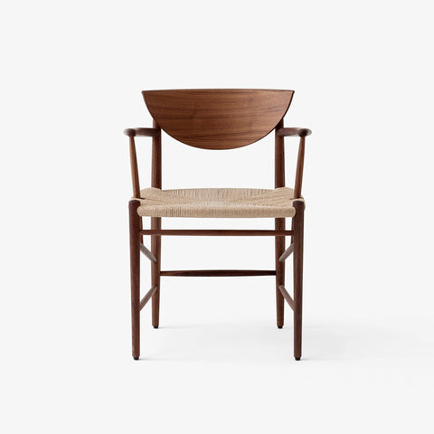 Front view of Drawn HM4 Chair in oiled walnut by &Tradition, Hvidt & Mølgaard design – Scandinavian modern armchair with natural cord seat