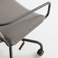 Blu Dot Daily Task Chair in Gingrich Charcoal detail shot showing fabric upholstery, charcoal steel frame and walnut tilt lever