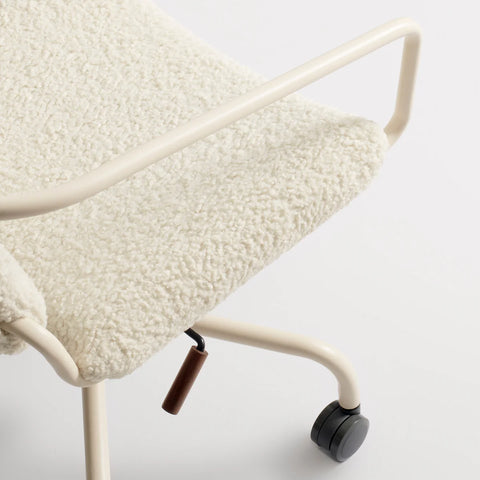Blu Dot Daily Task Chair in Tidbit Ivory detail shot showing boucle upholstery, ivory steel frame and walnut tilt lever