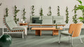 NowThen Outdoor Coffee Table by Blu Dot in FSC-certified solid teak, styled in outdoor lounge setting
