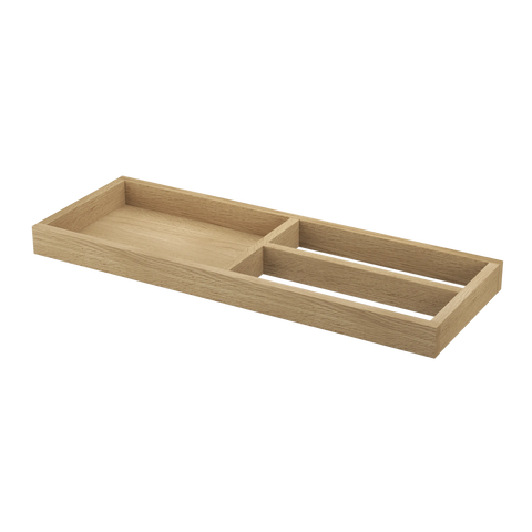 String Furniture Pira Organiser in white oak, 34 inch solid wood shelf organiser with compartments, white background packshot