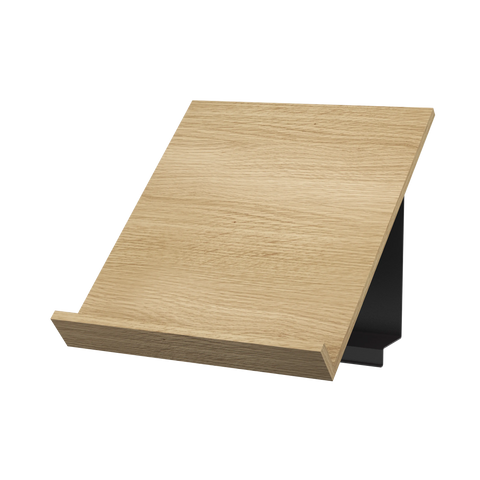 String Furniture Pira Magazine Shelf in white oak with a black grey bracket, wood magazine display shelf, white background packshot