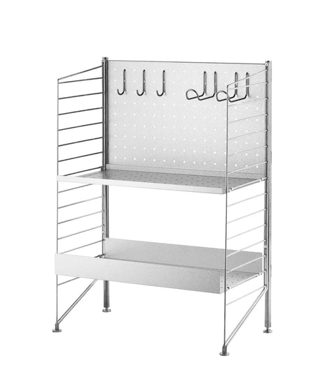 String® System galvanized shelving with perforated back panel and stainless steel vertical hooks for modular Scandinavian storage