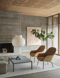 ply rug and fiber lounge chairs with mid century modern pendant lamp by Muuto 