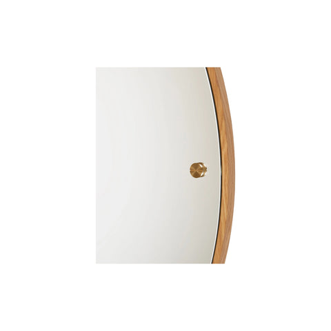 Frama CM-1 Circle Mirror, close crop of the curved oak rim and one of the brass fixing knobs set into the glass
