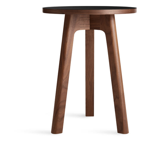 Blu Dot Apt Tall Side Table with black linoleum top and walnut base on white background