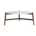 Blu Dot Free Range Coffee Table with a round white marble top, solid walnut legs, black steel frame, and brass hardware details