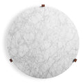 Overhead view of the Blu Dot Free Range Coffee Table showing the round honed Carrara marble top with solid walnut accents