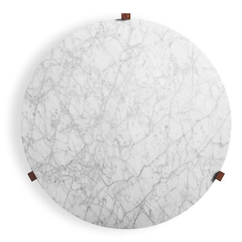 Overhead view of the Blu Dot Free Range Coffee Table showing the round honed Carrara marble top with solid walnut accents