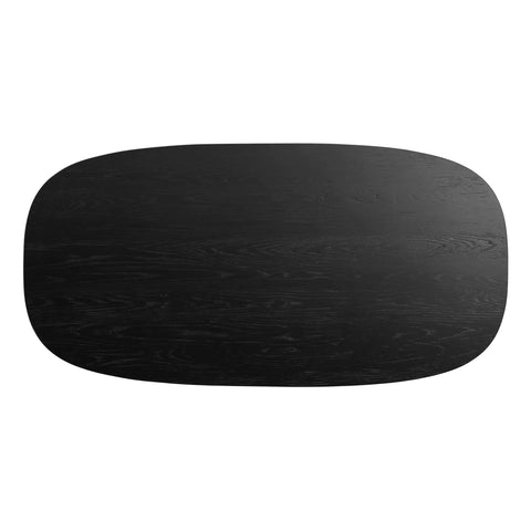 Overhead view of the Blu Dot Good Times coffee table in black oak showing the oval tabletop and natural wood grain