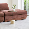 Gus* Modern Agency Table, round side table, Java brown top with a plant beside a rust coloured sofa
