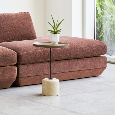 Gus* Modern Agency Table, round side table, Java brown top with a plant beside a rust coloured sofa