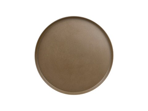 Gus* Modern Agency Table, round side table, Coffee BioComposite Java brown top, overhead view on white