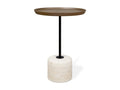 Gus* Modern Agency Table, round side table, Coffee BioComposite Java brown top on a travertine base, side view on white
