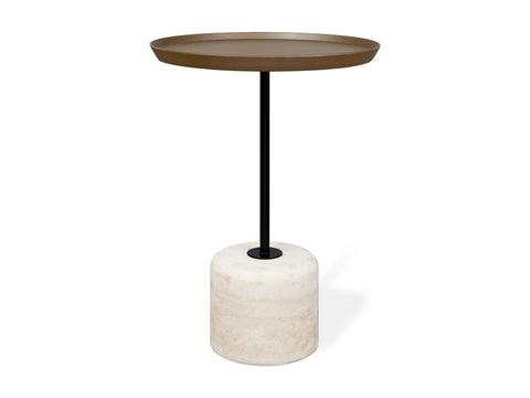 Gus* Modern Agency Table, round side table, Coffee BioComposite Java brown top on a travertine base, side view on white