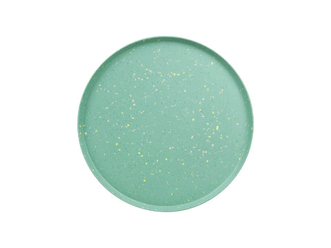 Gus* Modern Agency Table, round side table, Coffee BioComposite Robusta speckled green top, overhead view on white