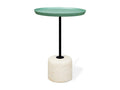 Gus* Modern Agency Table, round side table, Coffee BioComposite Robusta green top on a travertine base, side view on white