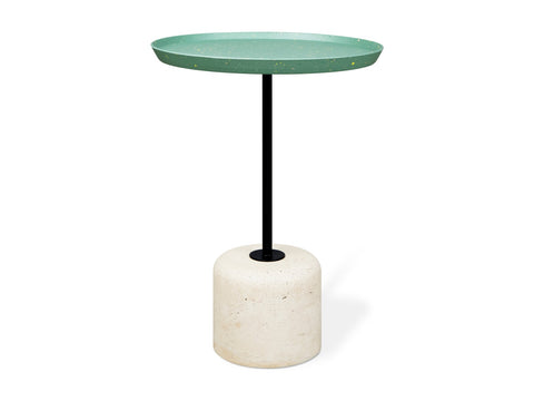 Gus* Modern Agency Table, round side table, Coffee BioComposite Robusta green top on a travertine base, side view on white
