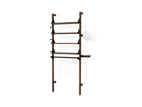 Gus* Modern Branch-1 Display Unit, walnut shelving display unit with hanging rail, walnut uprights and shelves with black brackets, on white