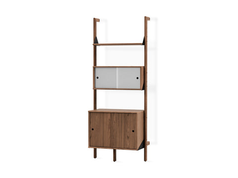 Gus* Modern Branch-1 Multi Storage Unit, walnut wall shelving unit with two cabinets, walnut uprights and shelves with black brackets, on white