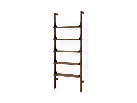 Gus* Modern Branch-1 Shelving Unit, walnut wall mounted shelving unit, walnut uprights and shelves with black brackets, on white