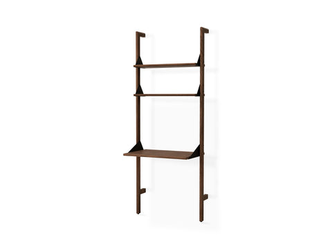 Gus* Modern Branch-1 Shelving Unit with Desk, walnut wall shelving unit with desk, walnut uprights and shelves with black brackets, on white