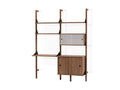 Gus* Modern Branch-2 Multi Storage Unit with Desk, walnut wall shelving with desk and two cabinets, black brackets, front view on white