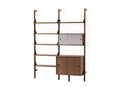 Gus* Modern Branch-2 Multi Storage Unit with Shelves, walnut wall shelving with two cabinets, black brackets, front view on white