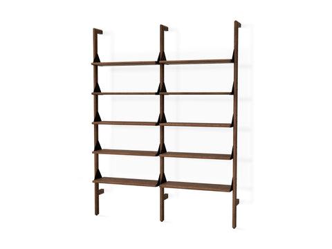 Gus* Modern Branch-2 Shelving Unit, walnut two bay wall shelving unit, walnut uprights and shelves with black brackets, on white