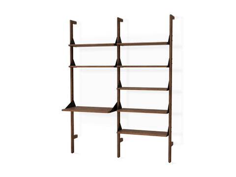 Gus* Modern Branch-2 Shelving Unit with Desk, walnut two bay wall shelving unit with desk, walnut uprights and shelves with black brackets, on white