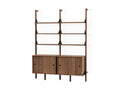 Gus* Modern Branch-2 Storage Unit, walnut two bay wall shelving unit with cabinets, walnut uprights and shelves with black brackets, on white