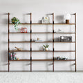 Gus* Modern Branch-3 Shelving Unit, walnut wall shelving, walnut shelves with black brackets styled with books and plants