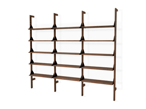 Gus* Modern Branch-3 Shelving Unit, walnut three bay wall shelving unit, walnut uprights and shelves with black brackets, on white